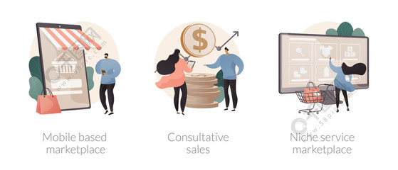 電子商務應用程序抽象概念矢量插圖集?；谝苿拥氖袌?、咨詢銷售、利基服務在線零售、使用智能手機抽象隱喻買賣產品。電子商務應用程序抽象概念矢量插圖。